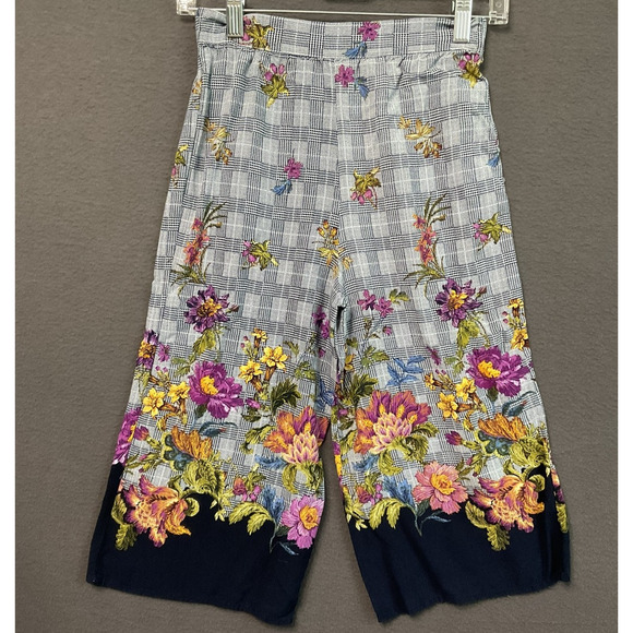 Knit Works Pants Womens 10 Blue Plaid Floral Embroidered Cropped Wide Leg Boho - Picture 1 of 10